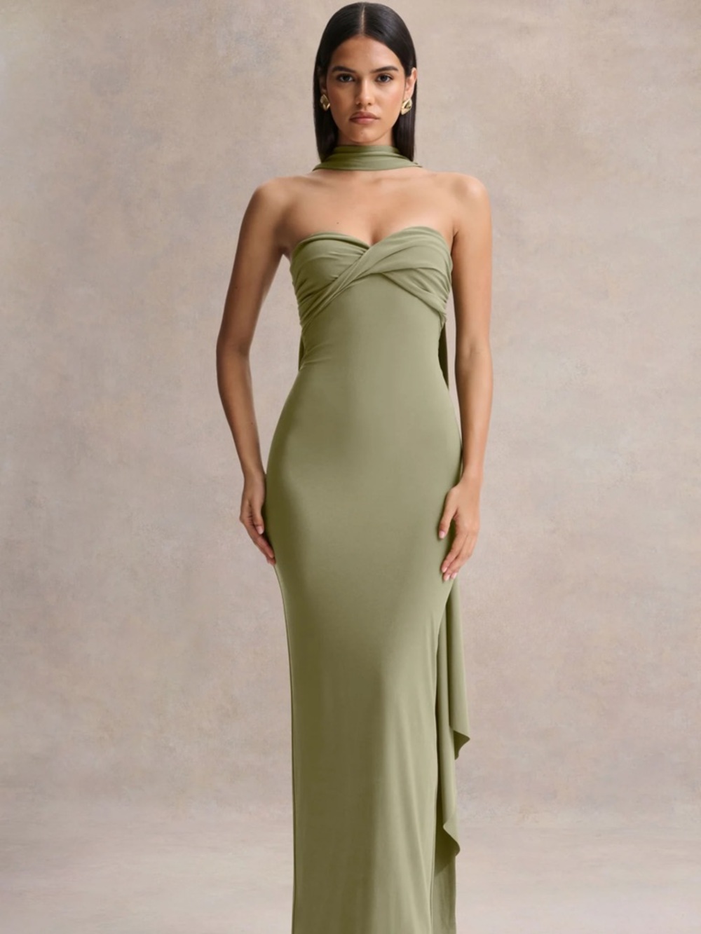 Club L London Strapless Olive Green Column Evening Dress with Draped Neck Detail